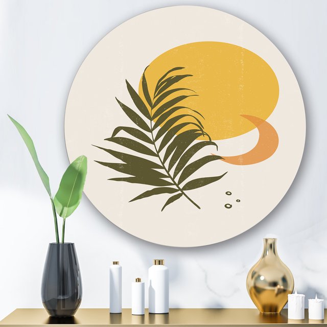 Designart - Abstract Yellow Sun and Moon With Tropical Leaf I - Modern Metal Circle Wall Art