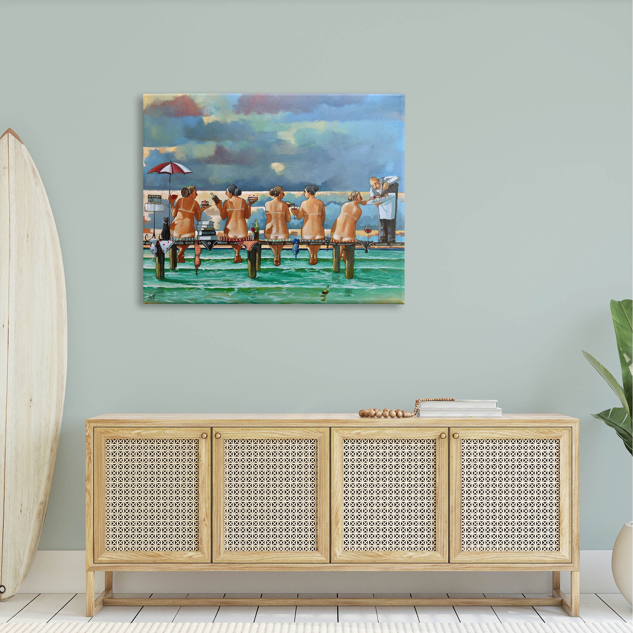 Beach Dock Women Summer Fun Coastal Painting Gallery Wrapped Canvas Print Wall Art