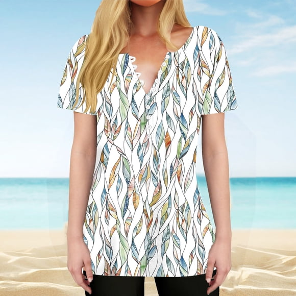 Fatuov Women's Plus Size Blouses Clearance Button V-Neck Floral Print Summer Graphic T-Shirts for Everyday Short Sleeve Comfortable Clothes Multicolor, Sizes S-3X
