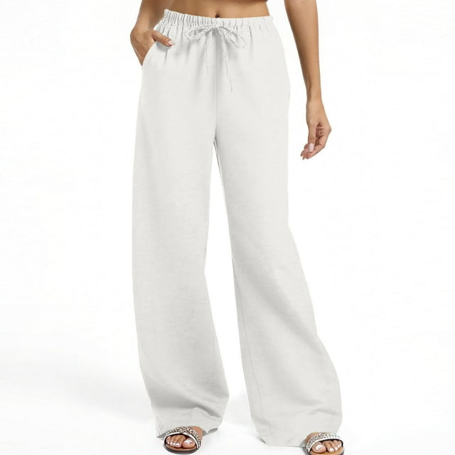 Womens Cotton Linen Wide Leg Pants Elastic High Waisted Drawstring Pants Casual Loose Solid Color Trousers with Pockets White XXL