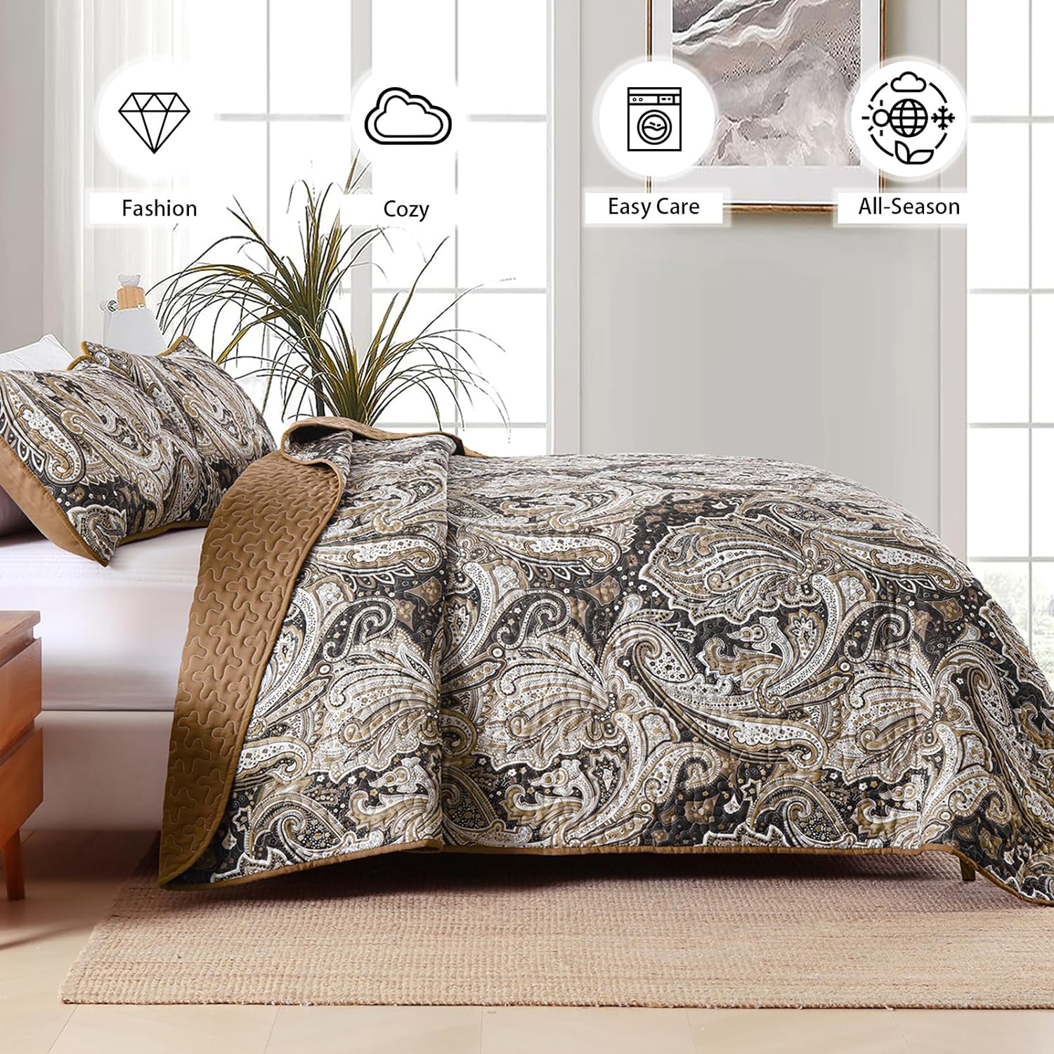 Dintszyayue Brown Paisley Quilt Set King Size,1Bedspreads and 2Pillowcases Soft Adult Coverlets(90"x110")