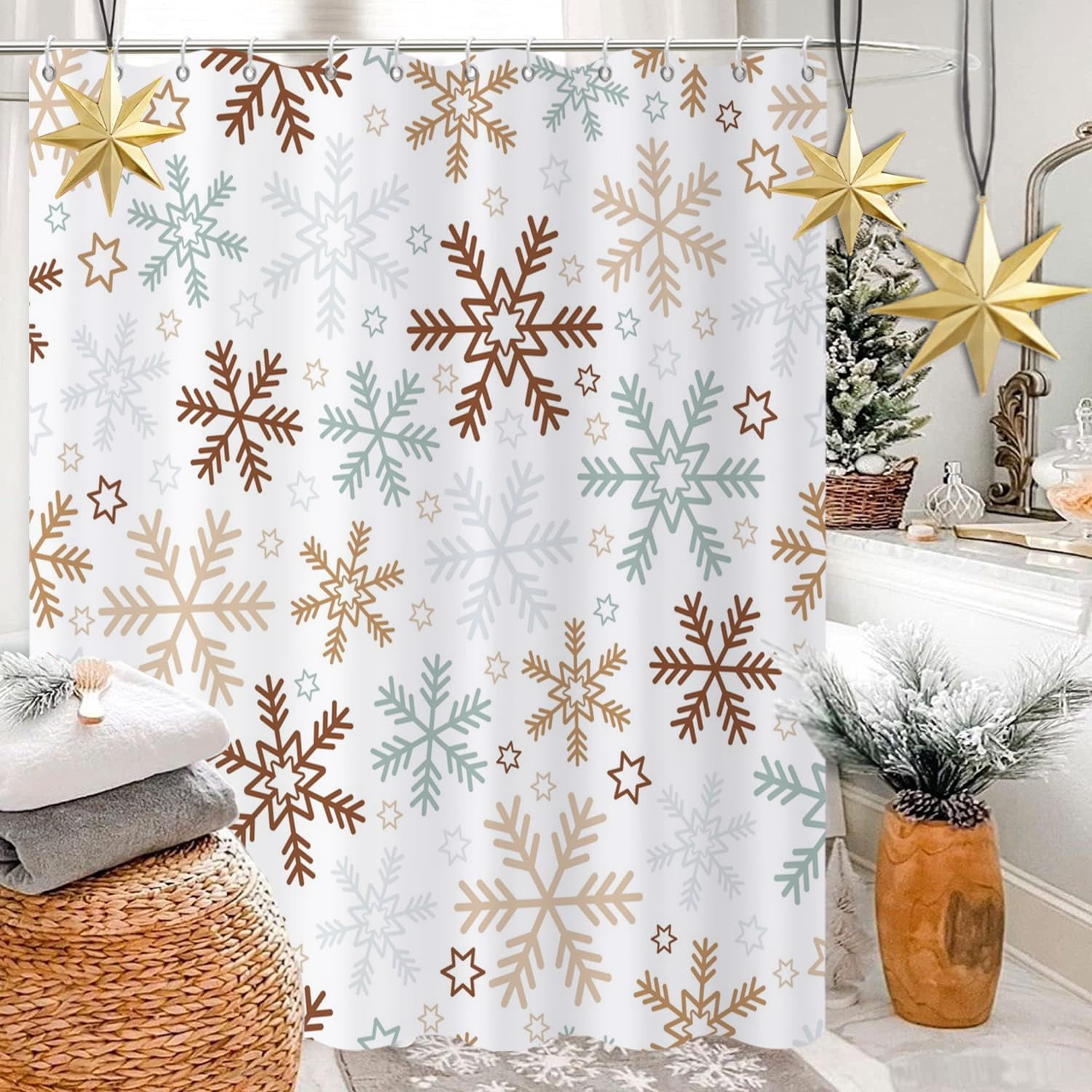 Christmas Shower Curtain, Blue and Brown Xmas Snowflake White Background Winter New Year Holiday Bathroom Curtain Waterproof Fabric Machine Washable with Hooks, 72" Wx84 L