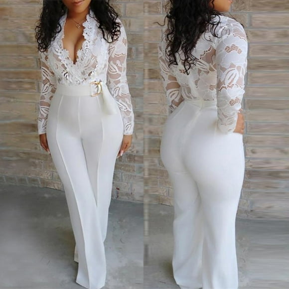 Pxiakgy Deep Stitching Fashion Women's Trousers Jumpsuit Neck V Lace Jumpsuit Women's Jumpsuit White M
