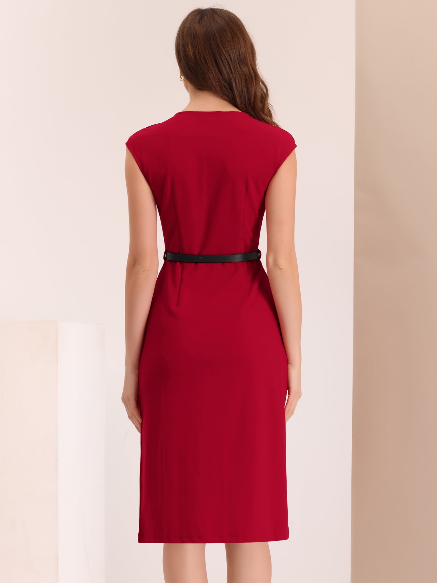 DARING DIVA Elegant Round Neck Cap Sleeve Belted Work Sheath Dresses 3XL Red