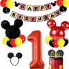 Mickey Themed 1st Birthday Party Supplies Include Banner, Number 1 Foil Balloons and Ear Headbands