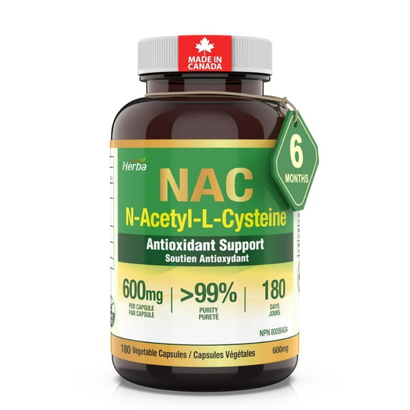 Herba NAC Supplement 600mg – 180 Vegetable Capsules | N-Acetyl-L-Cysteine | NAC Supplement 600 mg for Improving Glutathione Levels | Antioxidant and Immune System Support | Made in Canada