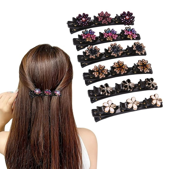 Braided Hair Clips for Women, 6Pcs Sparkling Crystal Stone Braided Hair Clips with 3 Small Clips, Satin Fabric Hair Bands, Rsvelte Triple Hair Clips with Rhinestones for Girls