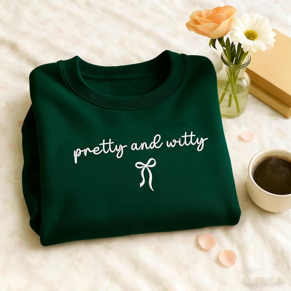 Embroidered Pretty and Witty Sweatshirt, Lowkey Showgirl Vibe Shirt, Honey Coquette bow Sweatshirt, Showgirl Pullover,Girl boss sassy shirt