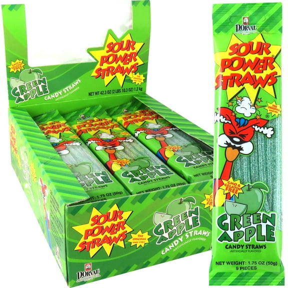 Sour Power, Candy Straws 1.75 (Pack Of 24), Green Apple, 42 Ounce