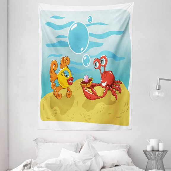 Engagement Party Decorations Tapestry, Under the Sea Cartoon Fish and Crab with Sand Pearl, Wall Hanging for Bedroom Living Room Dorm Decor, 60W X 80L Inches, Yellow Red and Blue, by Ambesonne