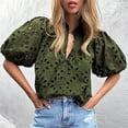 thumbnail image 4 of WBQ Women's Hollow Out Embroidered Blouse Short Lantern Sleeve V Neck Buttons Shirts Summer Tops, 4 of 6
