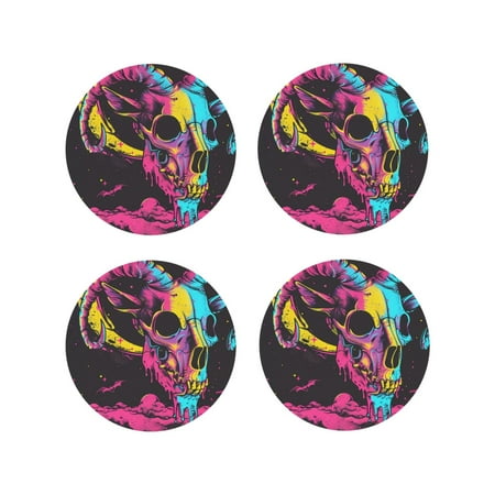 

Junzan Neon Gothic Skull Moon Print Coasters for Drinks - Leather Coasters Set of 4 for Coffee Table for Housewarming/Kitchen/Bar/Decor-Round Shape
