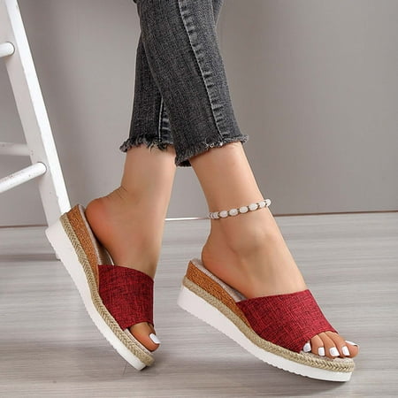 

AKAFMK Women s Sandals and Slides Womens Summer Fashion Casual Slippers Open Toe Thick Bottom Flax Slippers