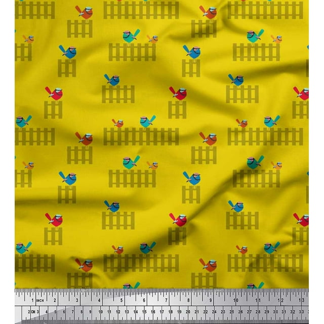 Soimoi Moss Georgette Fabric Picket Fence & Bird Artistic Print Sewing Fabric Yard 42 Inch Wide