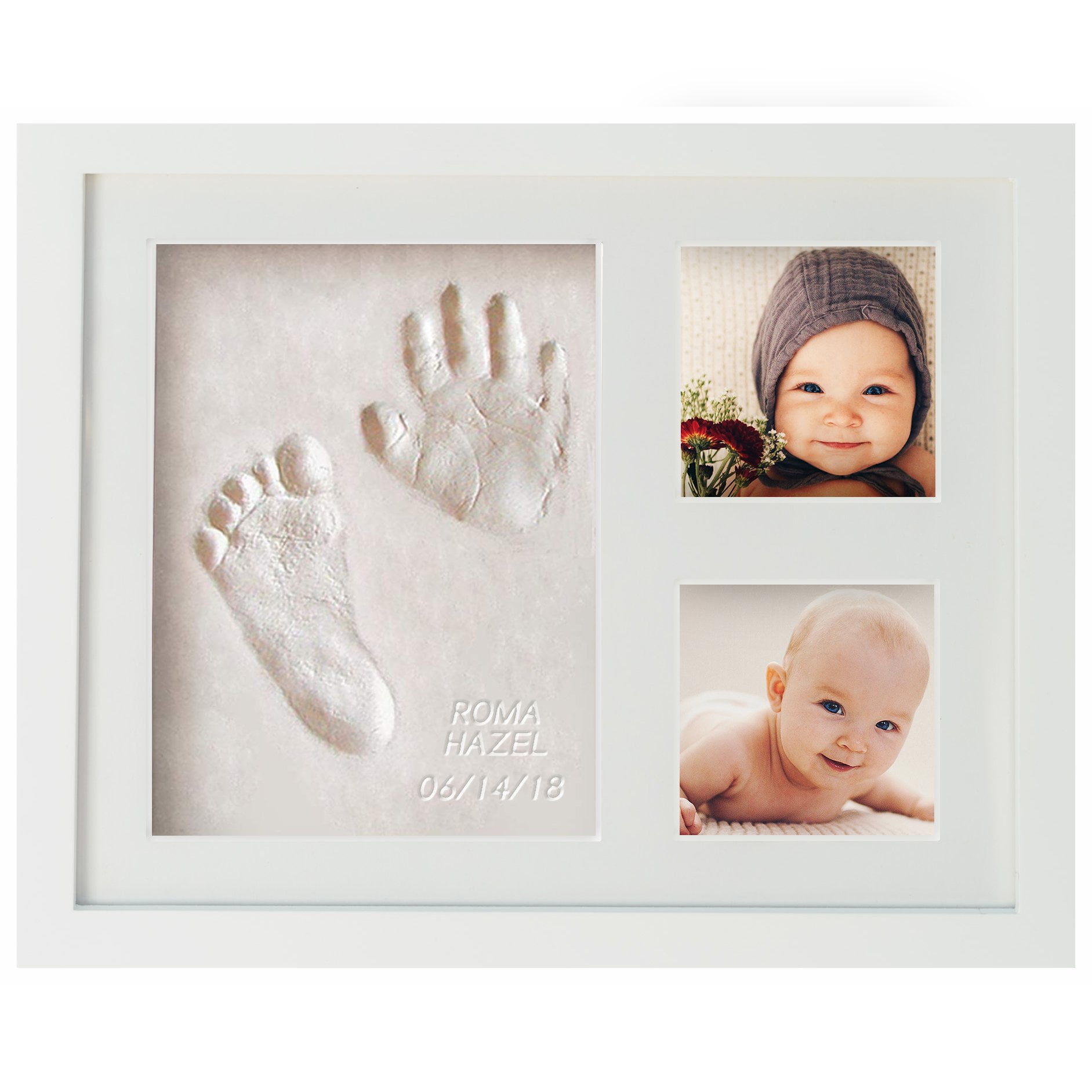 My First Year Baby Hand & Foot Print Frame Kit includes free rolling pin Safe imprint Clay for moulding Newborn Gift-White-Ideal Christmas Gift Premium Wood frame High Quality Acrylic Glass Cover