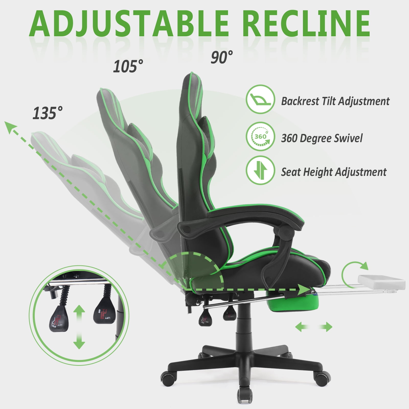 Luxvie Gaming Chair with Footrest High Back Computer Office Gamer Chair with Massage and Headrest Lumbar Support Swivel Seat Ergonomic Game Chair for Adults, Green