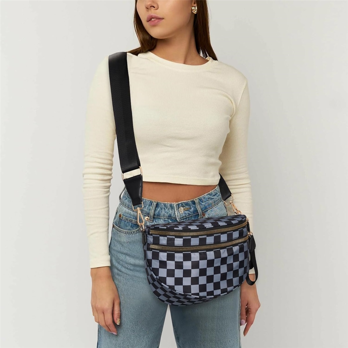 Luxury Checkered Crossbody Bag,Spacious Bum Bags for Women Nylon Crossbody Fanny Packs Checkered Purse Belt Wallet