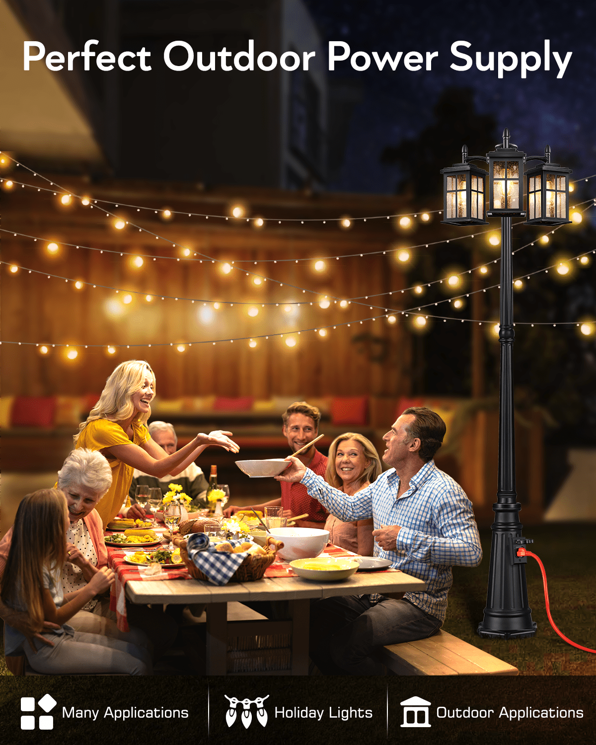 VIANIS 3-Head Outdoor Lamp Post Light with Outlet, Black Dusk to Dawn Outdoor Post Lights Hard Wired for Garden, Waterproof Triple-Head Outside Street Lamp Post Sconce for Yard Backyard Doorway House