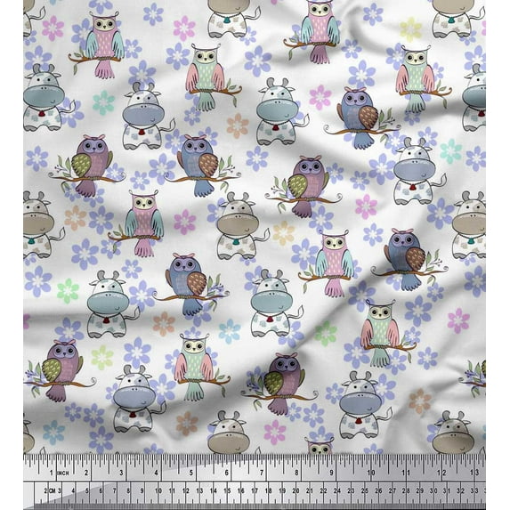 Soimoi Georgette Viscose Fabric Floral,Owl & Cow Cartoon Print Fabric by The Yard 42 Inch Wide