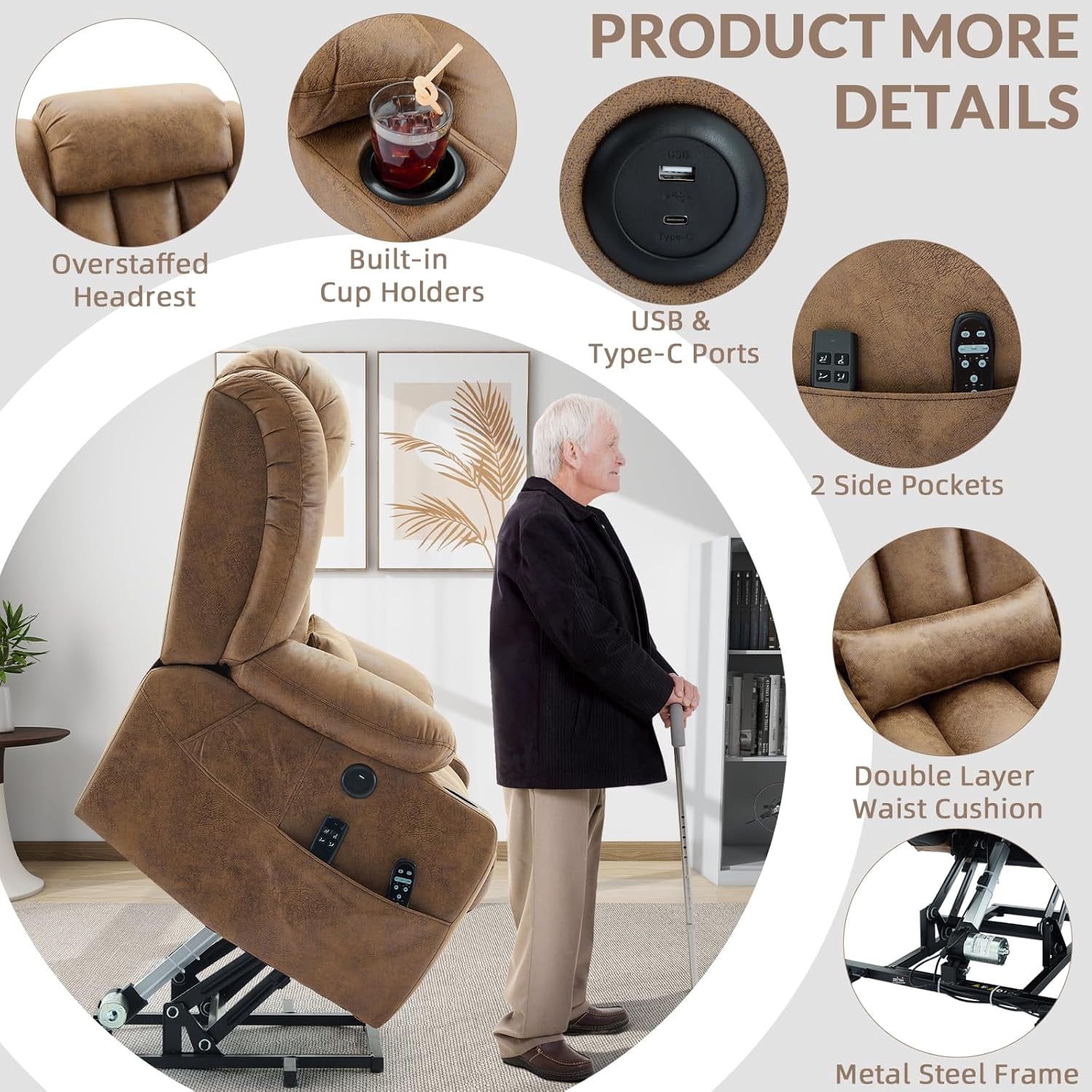 EPICOZY Oversized Dual Motor Power Lift Recliner Chair with Extended Footrest for Big Tall Man, Lay Flat Sleeper Electric Recliner with Massage and Heat, Lumbar Pillow, USB & Type-C Port, Brown