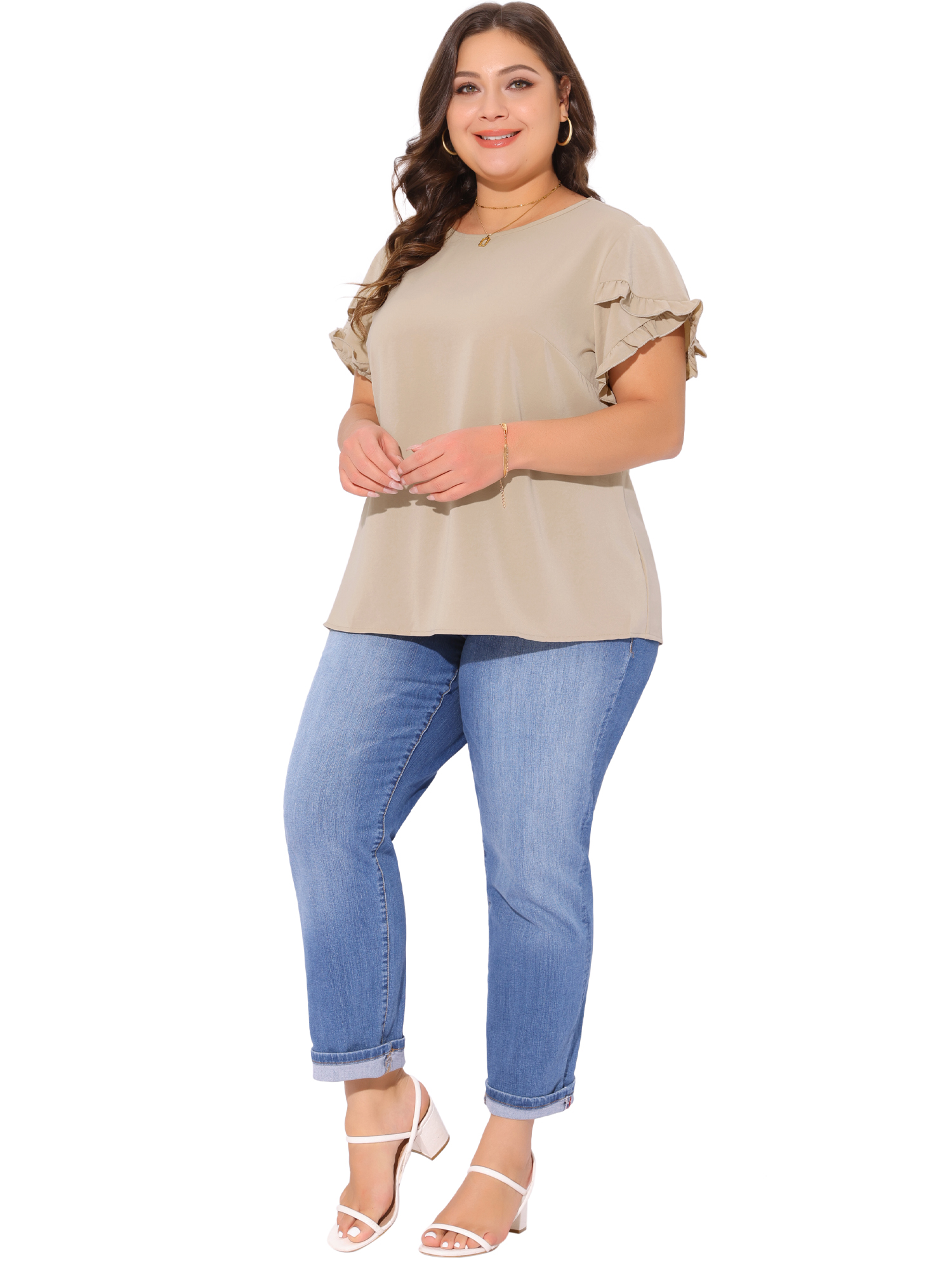DARING DIVA Women's Plus Crew Neck Ruffle Blouse 3X Deep Apricot