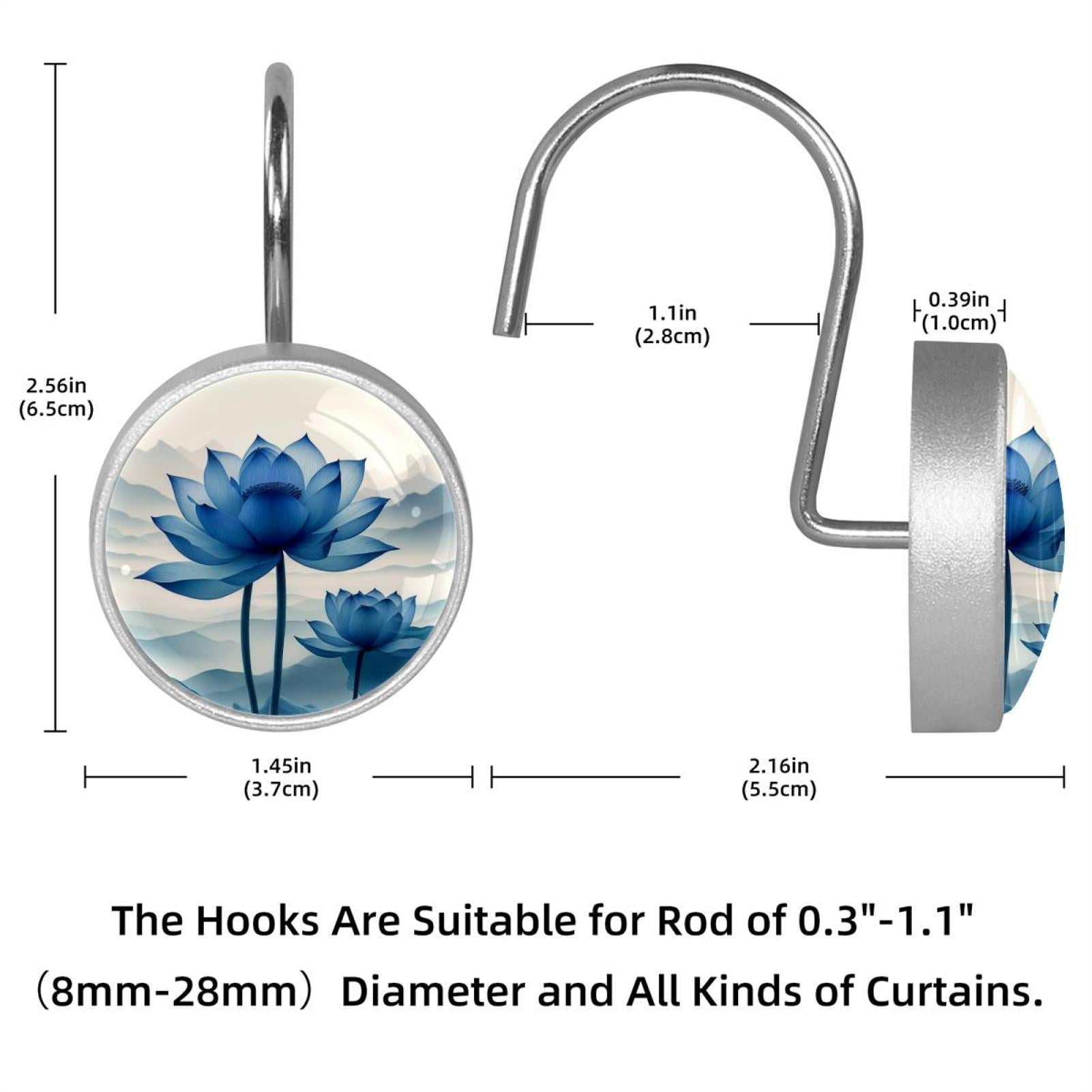 Imobaby 12 Pcs Metal Shower Curtain Hooks Rust Proof for Shower Curtain Liner - Landscape Ink Blue Lotus