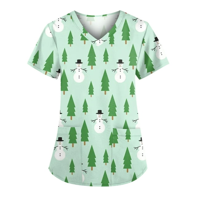 Hauts à Manches Courtes pour Femmes Mode Manches Courtes Col en V Uniforme de Travail Imprimé de Noël avec Poche Blouse Hauts pour Femmes Manches Courtes Hauts de Noël pour Femmes