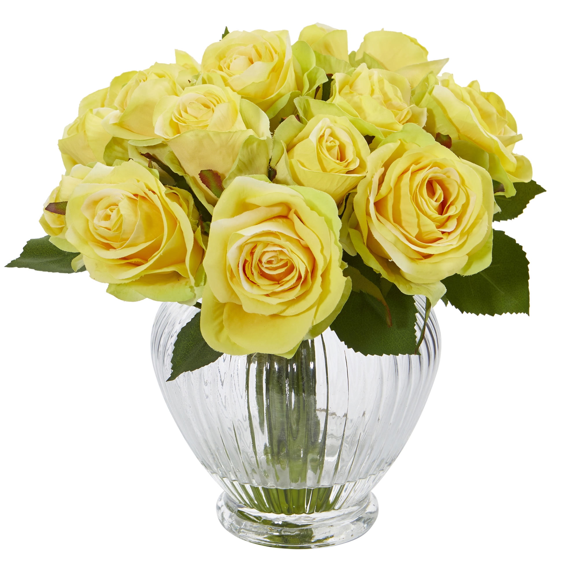 Nearly Natural 9in. Rose Artificial Flower Arrangement in Elegant Glass Vase, Yellow