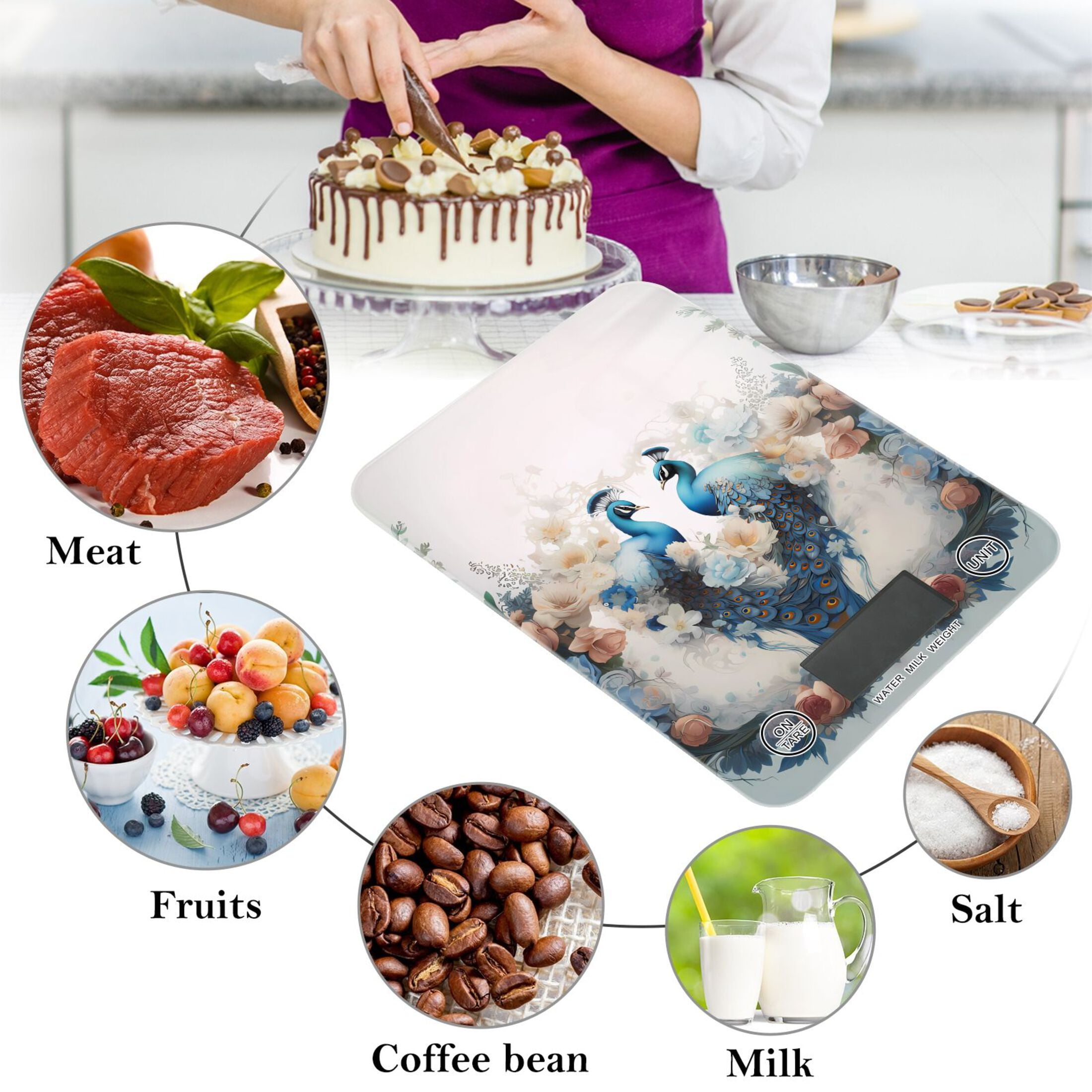 Peacocks Flowers Floral Leaves Green Food Scale Digital Kitchen Scale Waterproof Tempered Glass Tare Function 11 lb for Baking Cooking Meal Prep