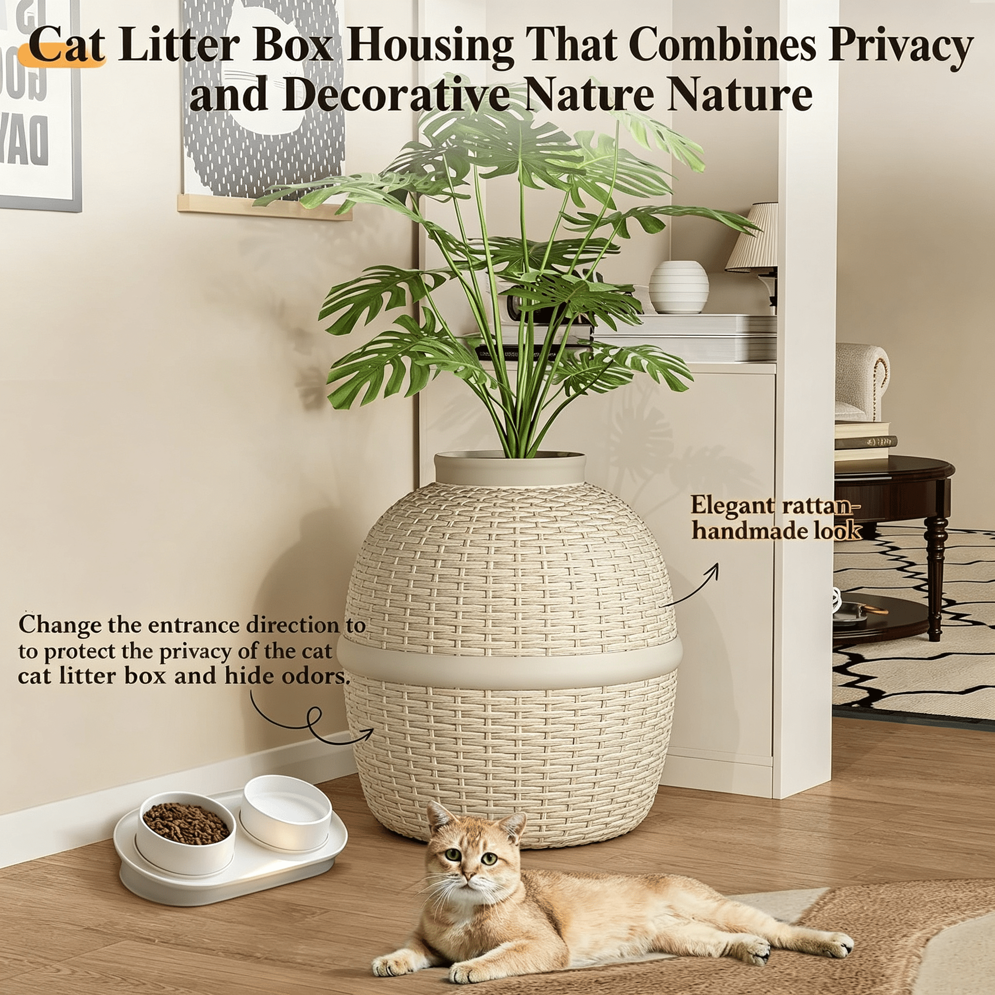Rattan Cat Litter Box Enclosure 18x18x20 Inch Off-White Covered Litter Box Furniture Heavy Duty PP Natural Stones