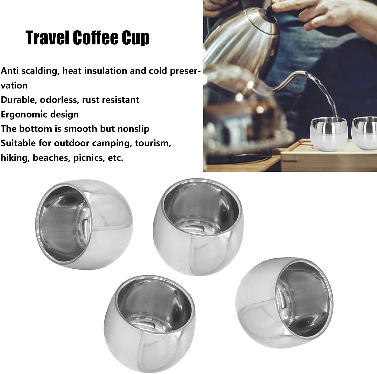 Stainless Steel Insulated Coffee Mugs, 4 Pack 150ml Double Layer, For Espresso Tea, Outdoor Camping Travel