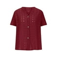 thumbnail image 5 of Olyvenn Women's V Neck Button Down T Shirt Short Sleeve Eyelet Hollow Out Tops 2025 Summer Casual Solid Color Beach Blouse Wine M, 5 of 7