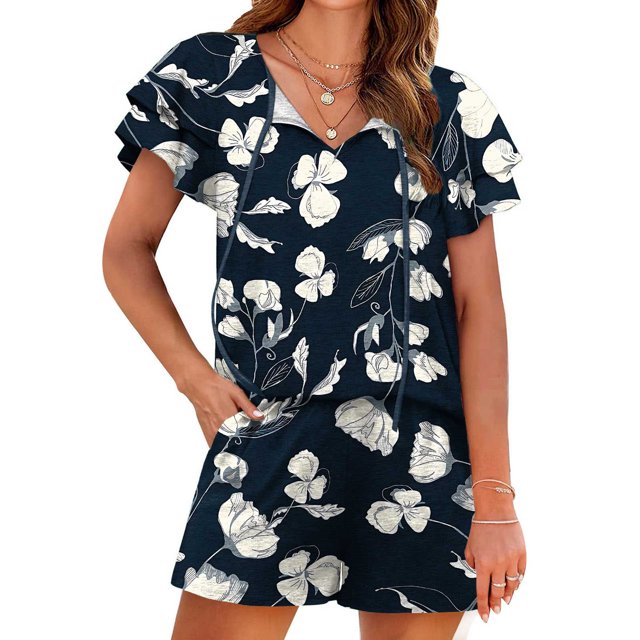 Puntoco Pantalones Cortos De Moda para Mujer Traje Informal De Manga con Volantes Estampado De Dos Piezas Liquidación Puntoco Puntoco-2405