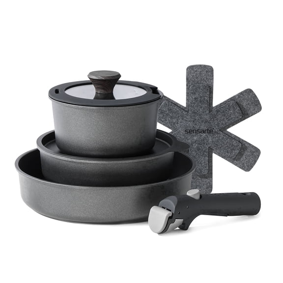 SENSARTE 8-Piece Nonstick Pots and Pans Set with Removable Handle, Black Healthy Cookware Sets, Induction Compatible, Dishwasher/Oven Safe, Healthy Cooking Set for RV & Camping
