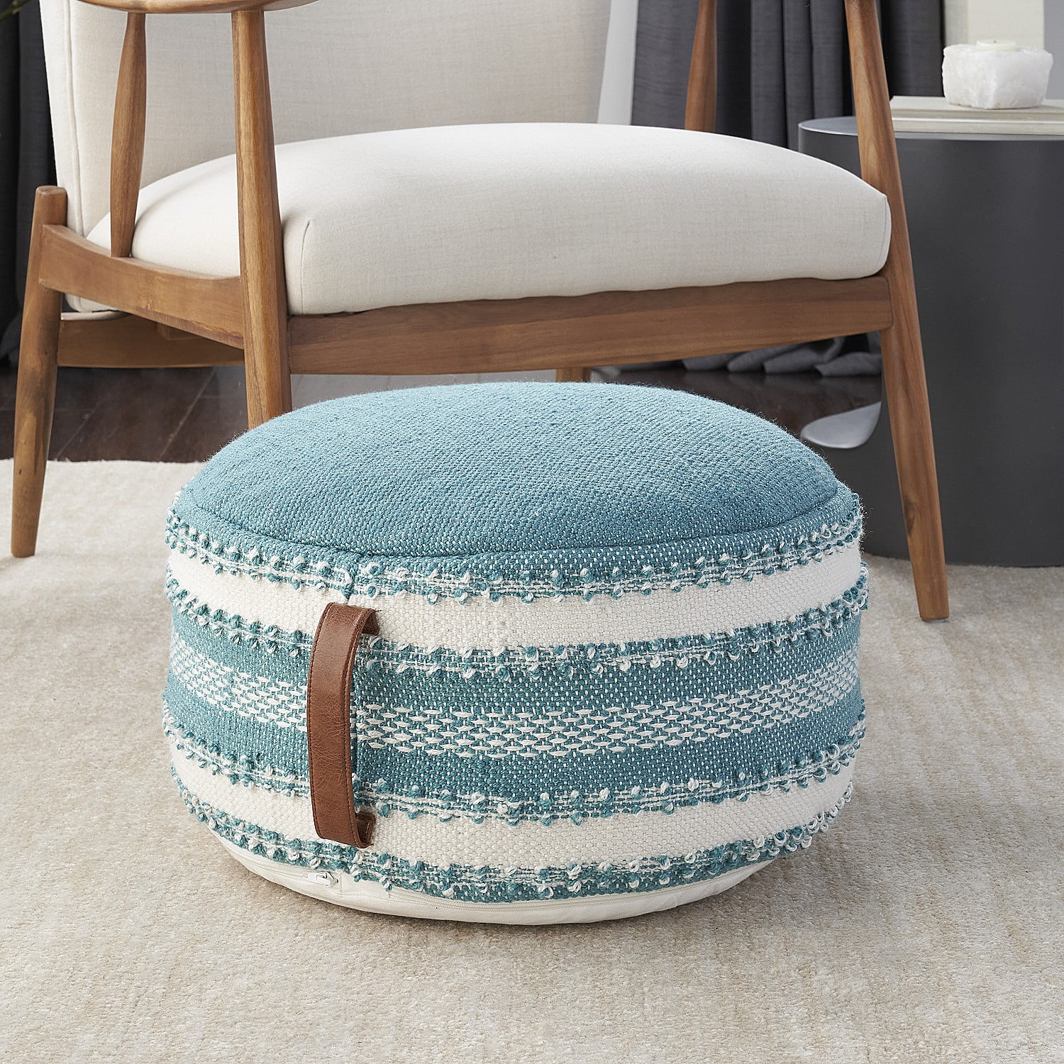 Mina Victory Outdoor Patio Pouf, Woven Stripes & Dots, Indoor