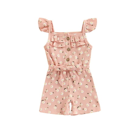 

Kiapeise Toddler Infant Baby Girls Sleeveless Romper Knit Ribbed Onesie Ruffle Bodysuit Floral Jumpsuit Shorts Summer Clothes
