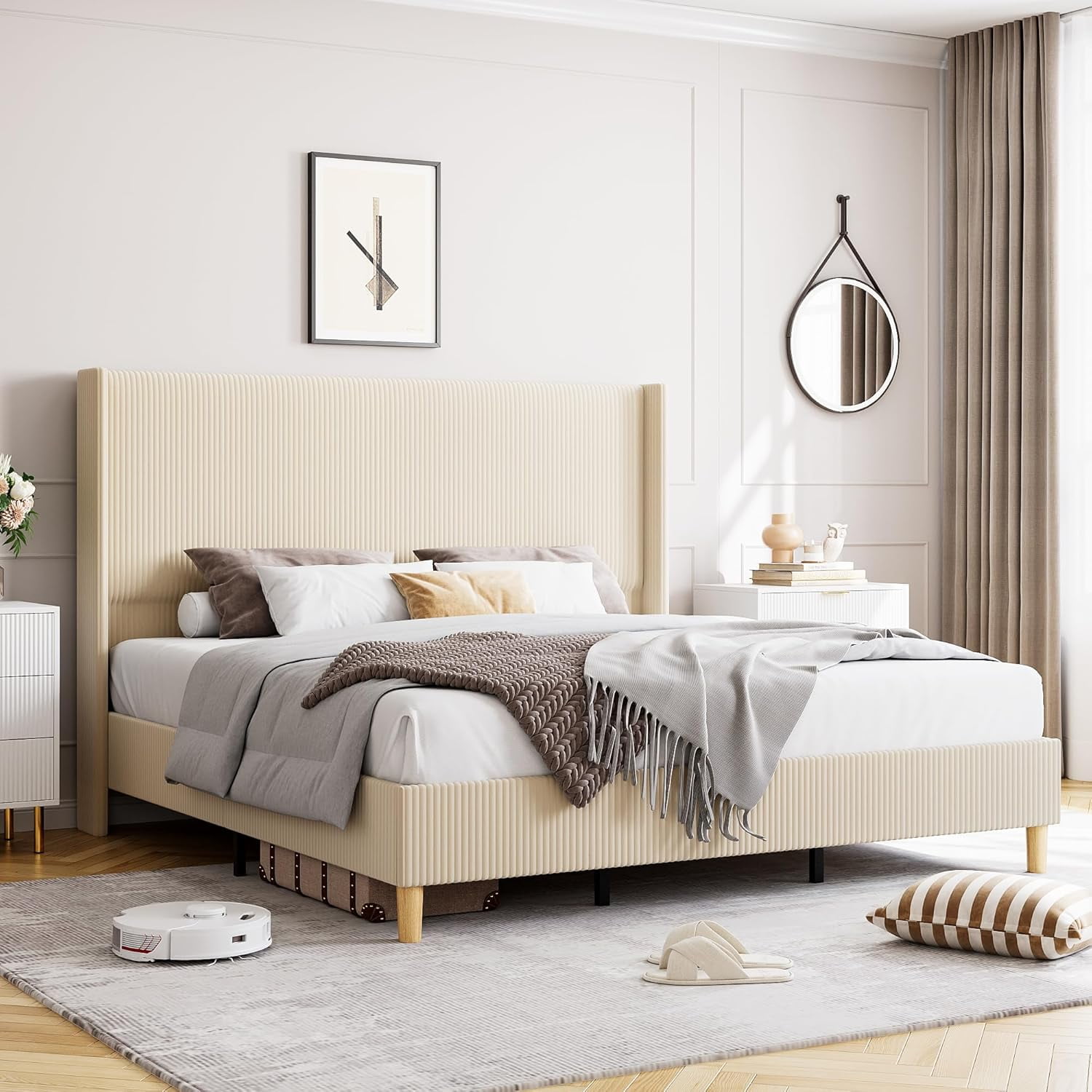 ChaoLink Queen Bed Frame Corduroy Upholstered Platform Bed Frame with 51 in Wingback Headboard, Vertical Stripes, Wooden Slats, No Box Spring Needed, Beige