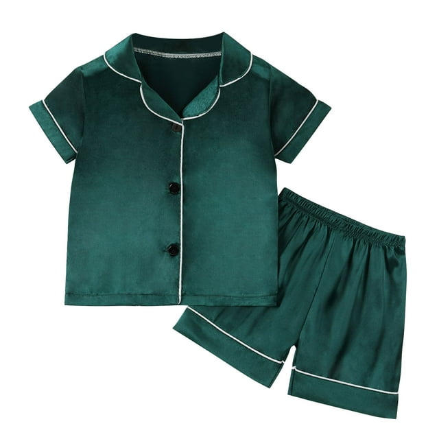 Odeerbi 1-8 Años Niños Niñas Pijama de Verano de Satén Con Solapa de Muesca Camisa de Manga Corta Pantalón Conjunto de Ropa de Dormir Suave