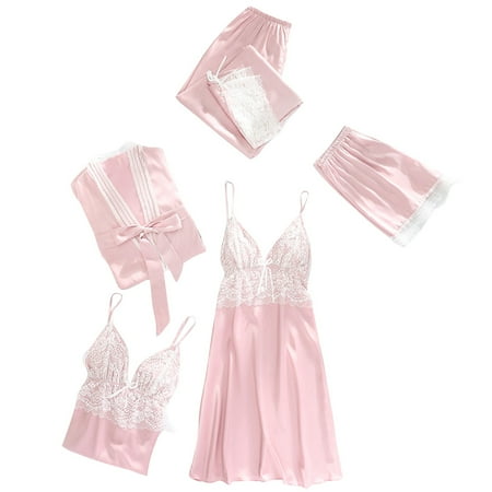 50% off Clear! HAPIMO Discount 4 Piece Pajamas Set for Women Silk Lace Robes Plush Fleece Sleepwear Soft Warm Bathrobe Housecoat Pajamas Dress Babydoll Nightgown Pink M