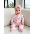 thumbnail image 4 of BemeyourBBs Newborn Baby Girl Duck Goose Outfit Infant Baby Girl Spring Summer Fall Winter Clothes Footed Romper Cute Duck Flower Bow Print Ruffled Trim Zipper Long Sleeve Footie Jumpsuit Headband, 4 of 9