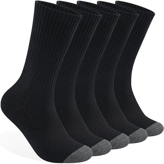 Lanola Mens 100% Cotton Cushioned Crew Socks, Athletic Performance Moisture Wicking Work socks，5-Pack（Black）