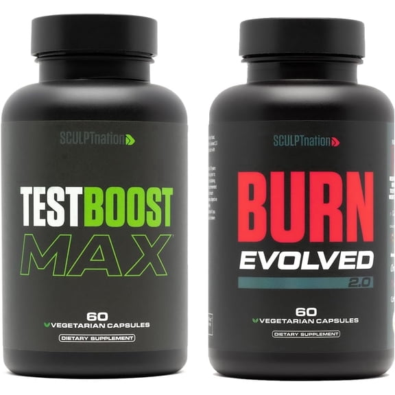 Sculpt Nation T-Boost Max and Burn Metabolism Support with Tribulus, Ashwagandha, Chromium and Ginseng Root 2 Pack 60 Capsules Each