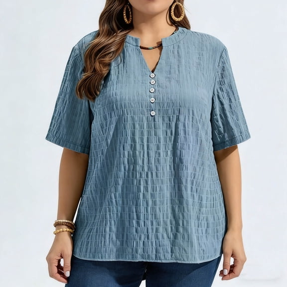 Sevevn Women's Loose And Fashionable Solid Color T-shirt Chort Sleeved Plus Size Top Light Blue L