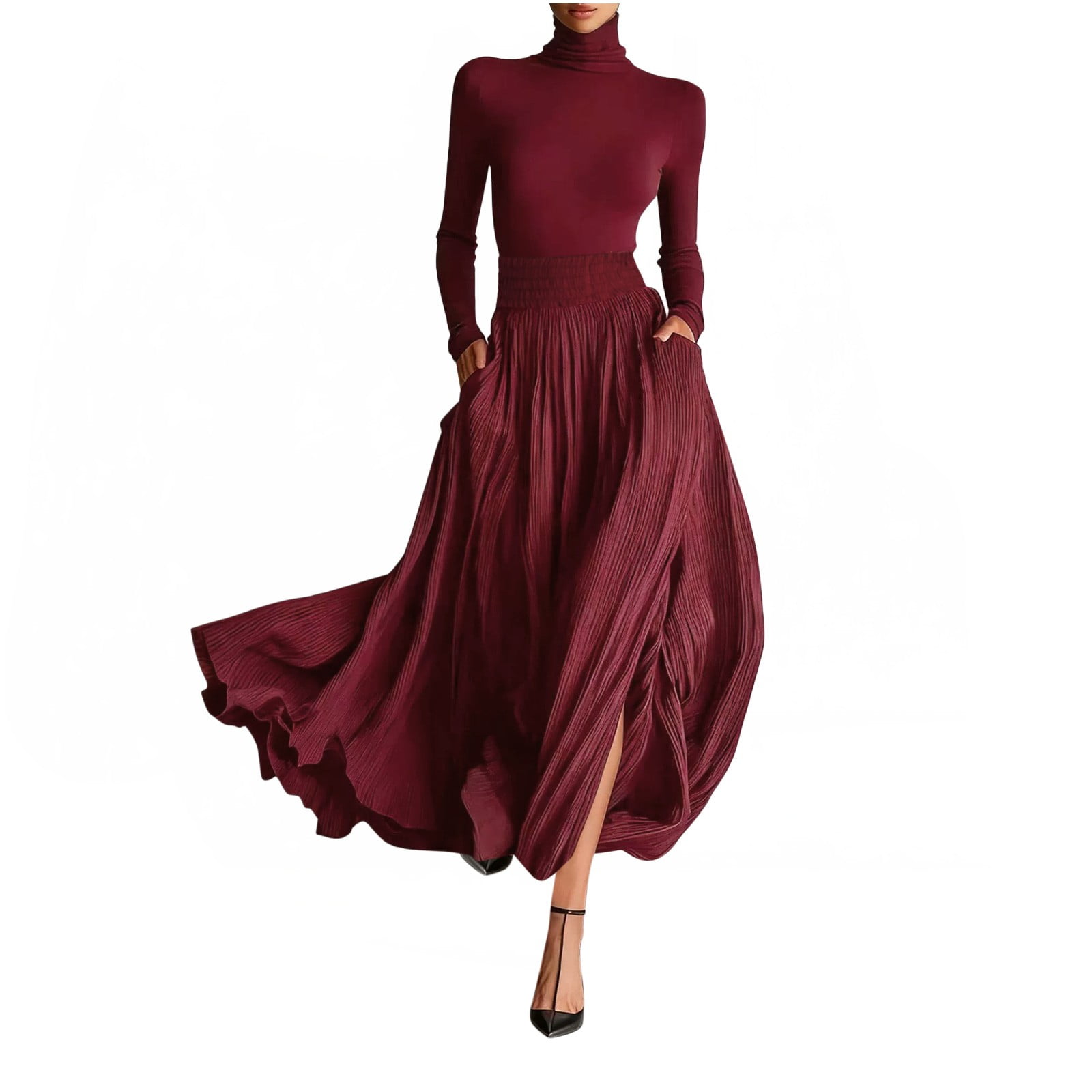 Bltiby Women's 2 Piece Sets Long Sleeve Casual Outfits Turtleneck Slim Top Maxi Skirt Flowy Dresses Matching Sets with Pockets Red XL