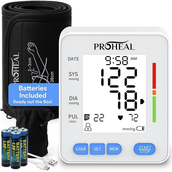 ProHeal Portable Blood Pressure Monitor for Home with Large Upper Arm Cuff - Automatic, Talking, Pulse and BP Machine with 240 Memory, 3 Users