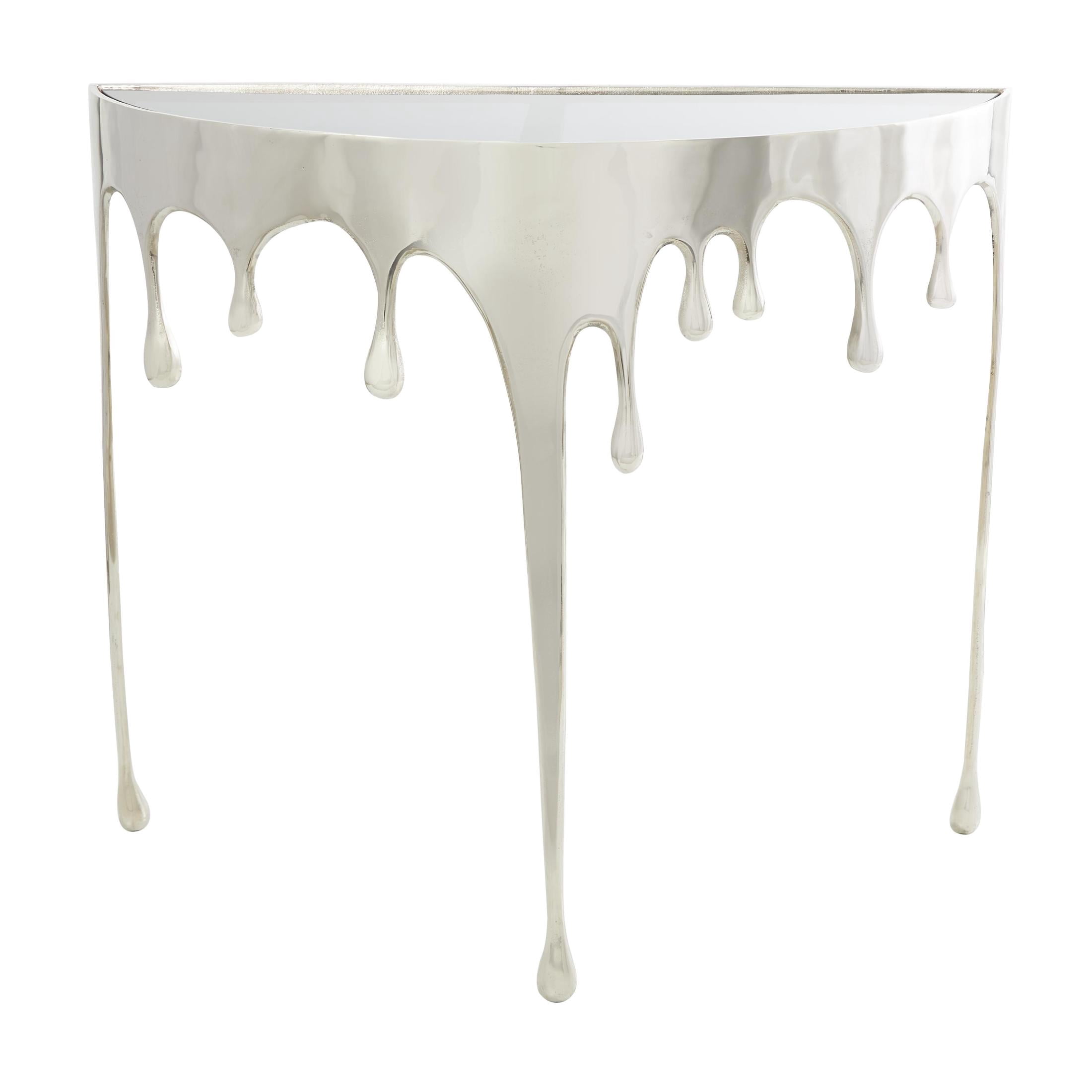 DecMode 36" x 32" Silver Aluminum Metal Half Moon Drip Abstract Console Table with Melting Designed Legs and Black Glass Top, 1-Piece