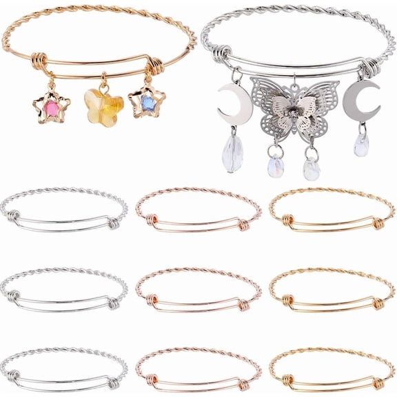 9Pcs 3 Colors Adjustable Wire Bangles Expandable Bangle Bulk Tibetan Silver Gold Metal Titanium Steel Cuff Double Knot Torque Blank Round Bangle for Bracelets Jewelry Making DIY Crafts Gift DIY