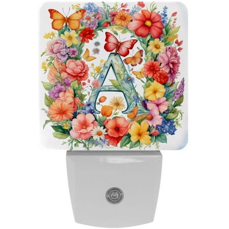 

Letter a Surrounded by Flowers Butterflies Watercolor Pattern LED Night Lights Dusk To Dawn Smart Sensor 0.5W Plug-In Night Lights Lamp For Bedroom Bathroom Kitchen Hallway Stairs 2Pack