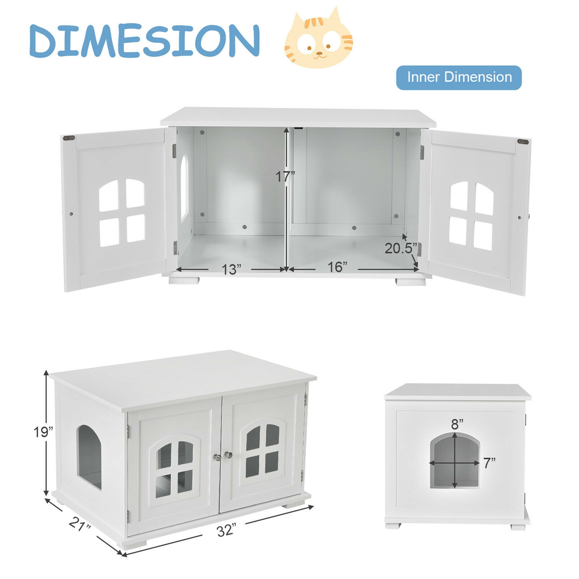 Gymax Enclosure Cat Litter Box with Divider, Large, Wooden, White
