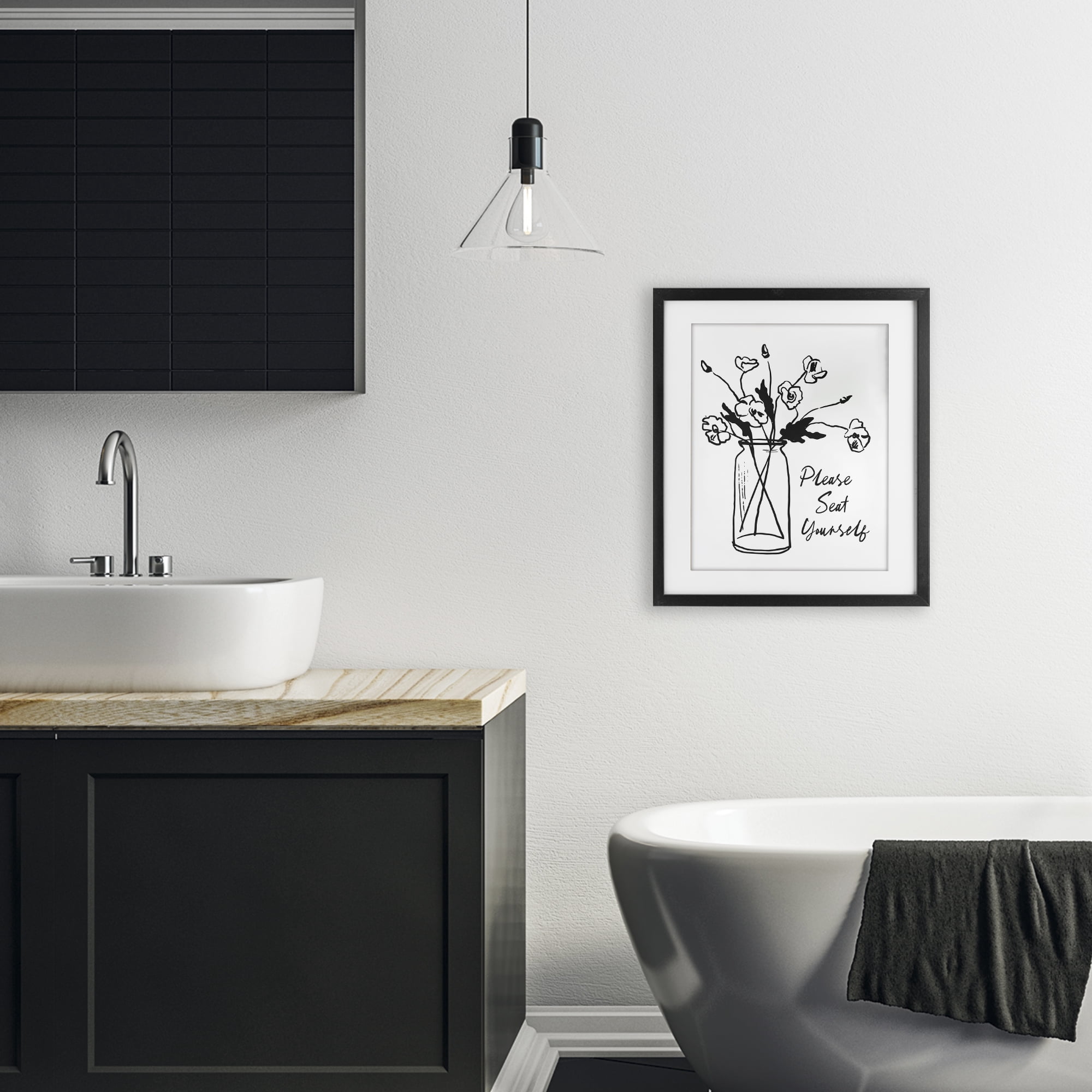 Stupell Industries Seat Yourself Bathroom Flowers Black Framed Print Under Glass, design by Lettered and Lined